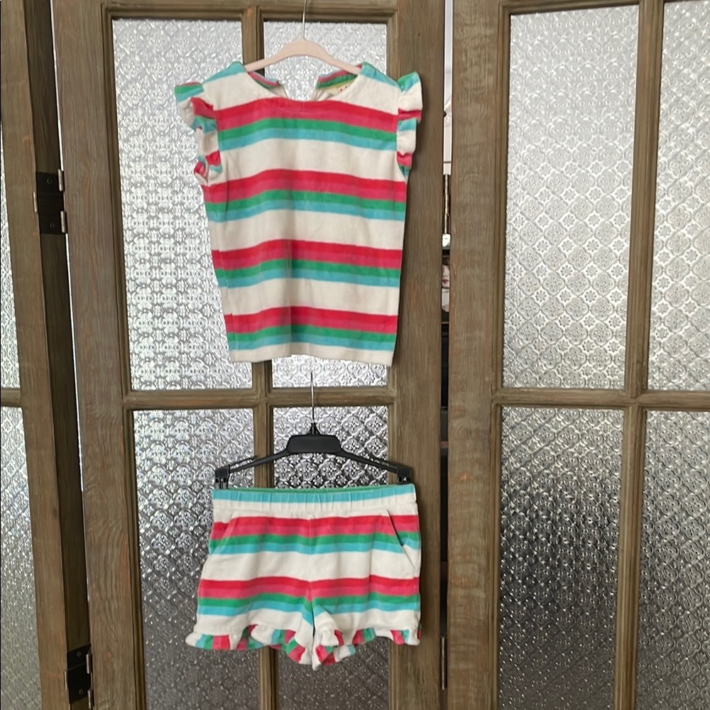 Mini Boden Girl’s Terry Cloth Striped Ruffle Top and Shorts Set - Size 7-8Y